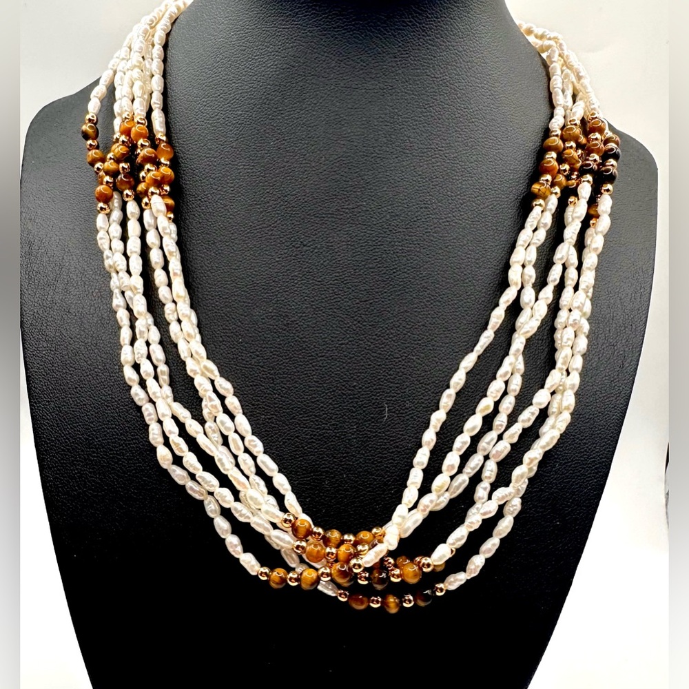 Stunning 5 strand water rice pearls w/tiger eye natural stones & gold bead